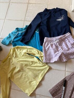 Boys Swim Rash Guards & Lilac Gingham Swim Shorts